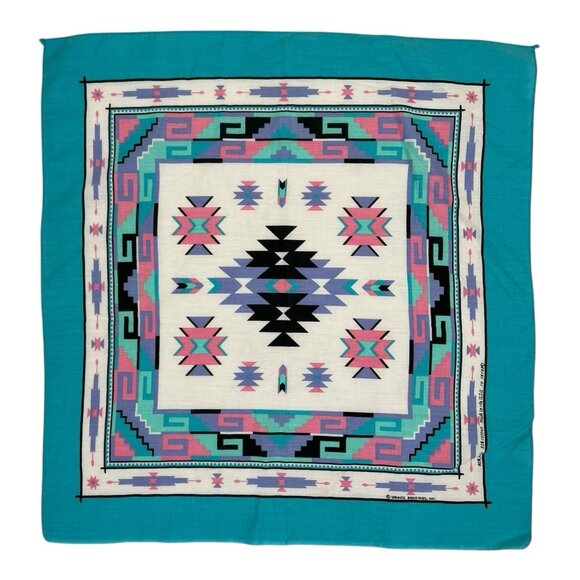 Vintage Springs Industries Bandana Aztec Southwestern Print USA Made Turquoise - Picture 1 of 5